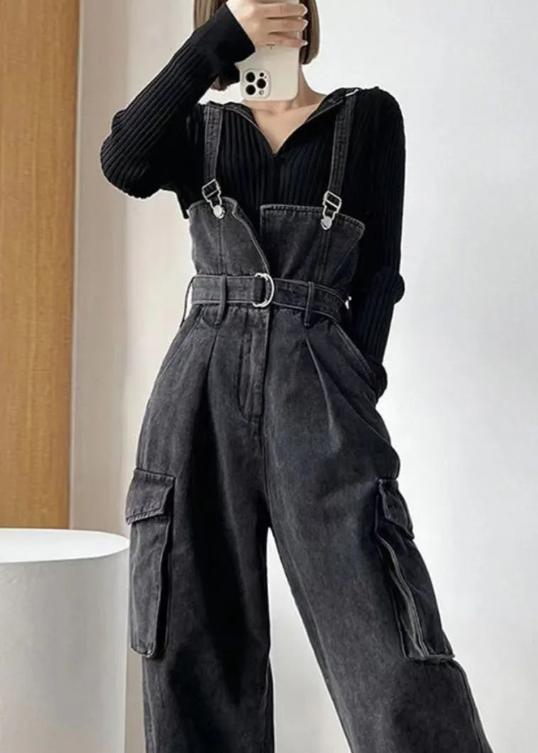 Black Tunic Pockets Denim Overalls Jumpsuit Summer