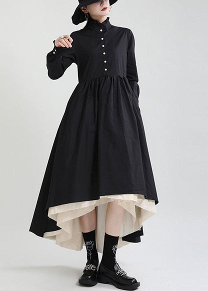 Black Button Patchwork Asymmetrical Design Fall Dresses Long Sleeve