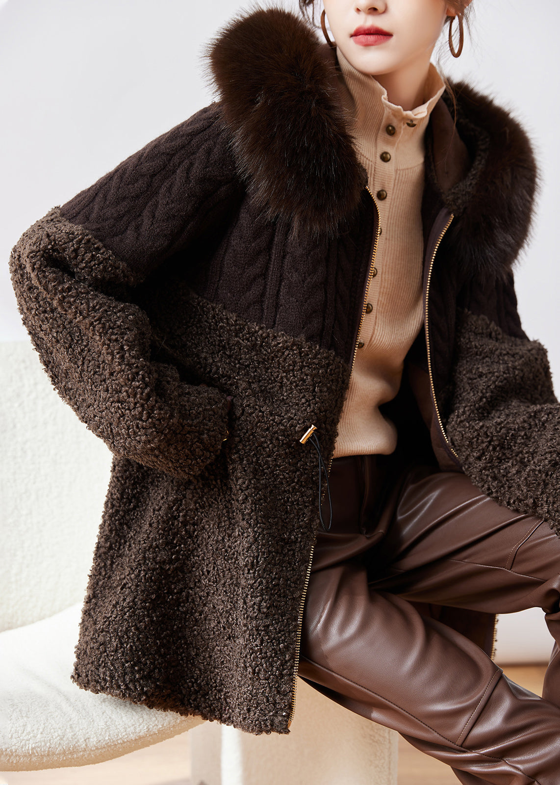 New Coffee Knitted Patchwork Faux Fur Thick Hooded Coats Winter
