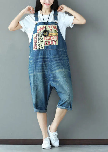 Blue Oversized Applique Cotton Denim Jumpsuit Spring