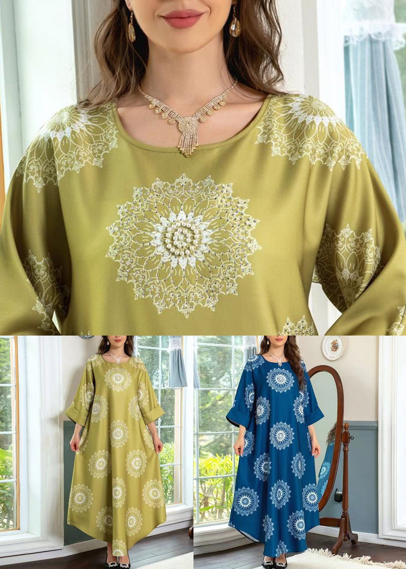 Blue O Neck Print Cotton Maxi Dresses Summer