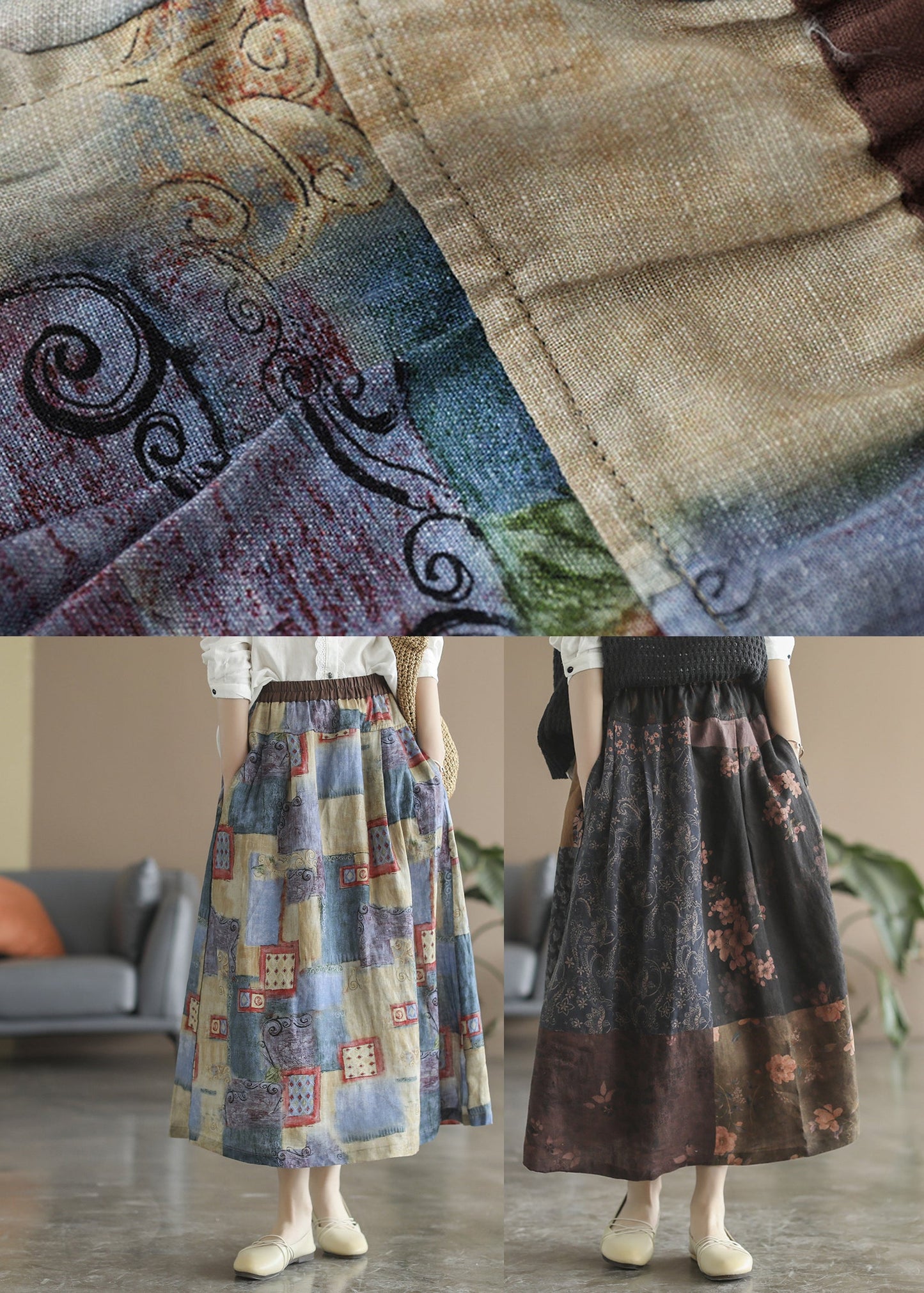 Blue Pockets Print Linen a Line Skirts Spring