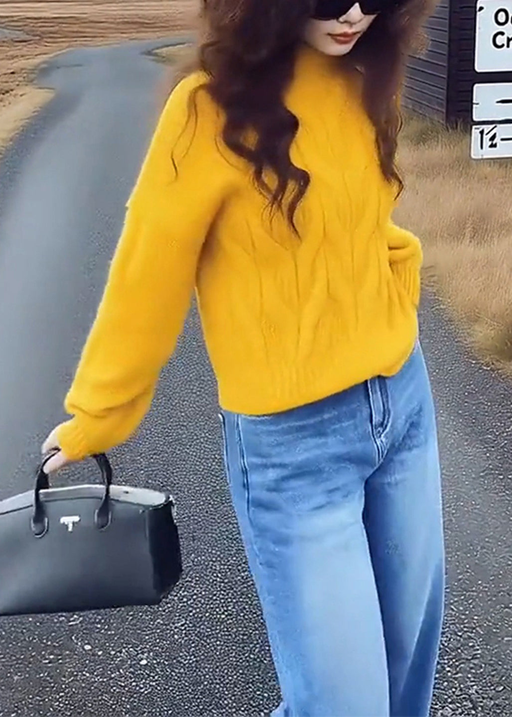 Simple Yellow Stand Collar Cable Knit Short Sweater Spring