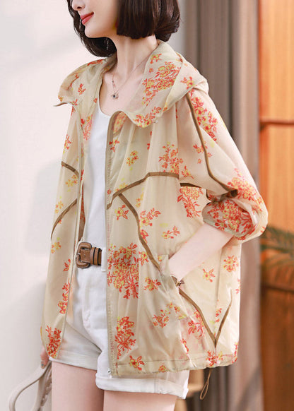 Beige Print Pockets Hoodie Upf 50+ Coat Jacket Spring