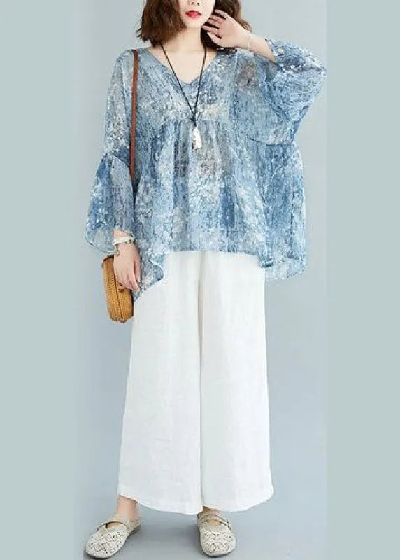 Yellow Loose V Neck Print Patchwork Fall Tops Half Sleeve