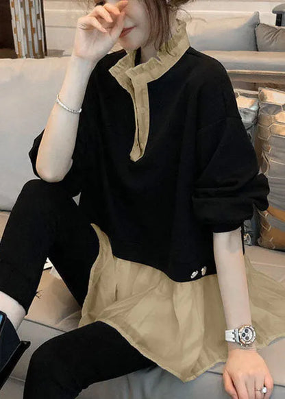 Diy Black Ruffled Patchwork Cotton Fake Two Piece Shirts Spring