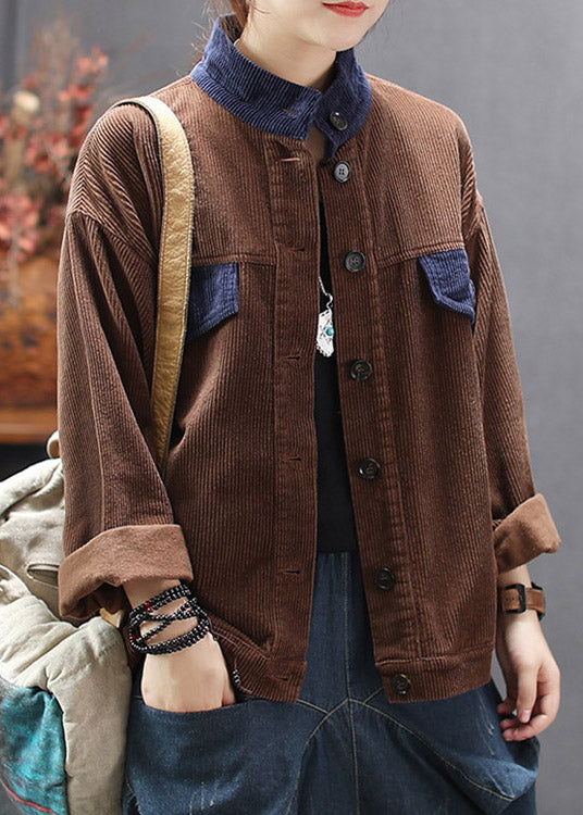 Chocolate Stand Collar Patchwork Corduroy Coats Spring