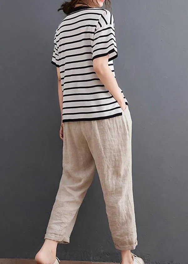 White Striped Cotton Linen Tops Summer