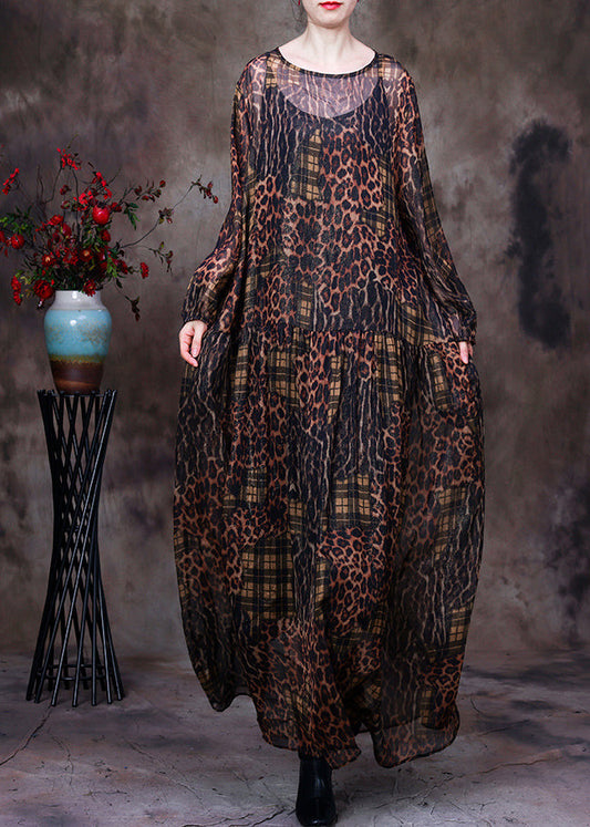 Organic Chocolate O-neck Print Maxi Dress and Suspenders Two Pieces Set Fall
