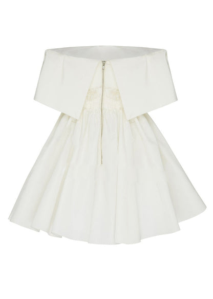 French White Slash Neck Cotton Mid Dress Summer