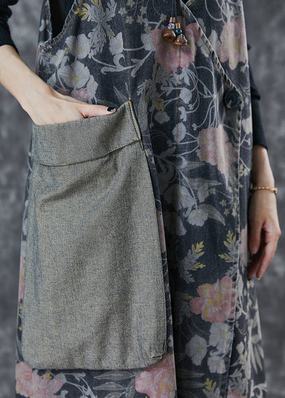 Black Print Patchwork Pocket Denim Cami Dress Spring