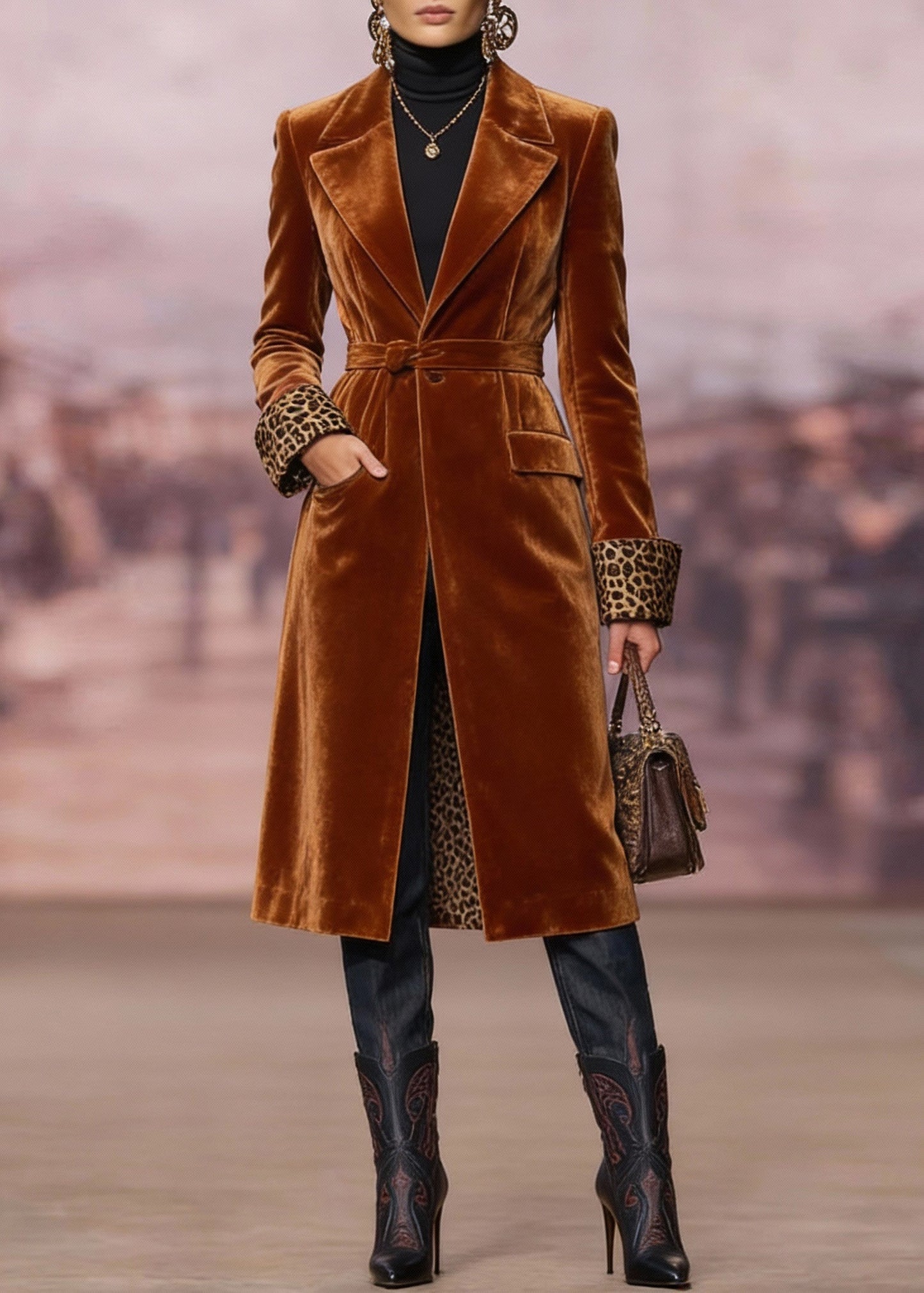 Brown Peter Pan Collar Pockets Velvet Trench Spring