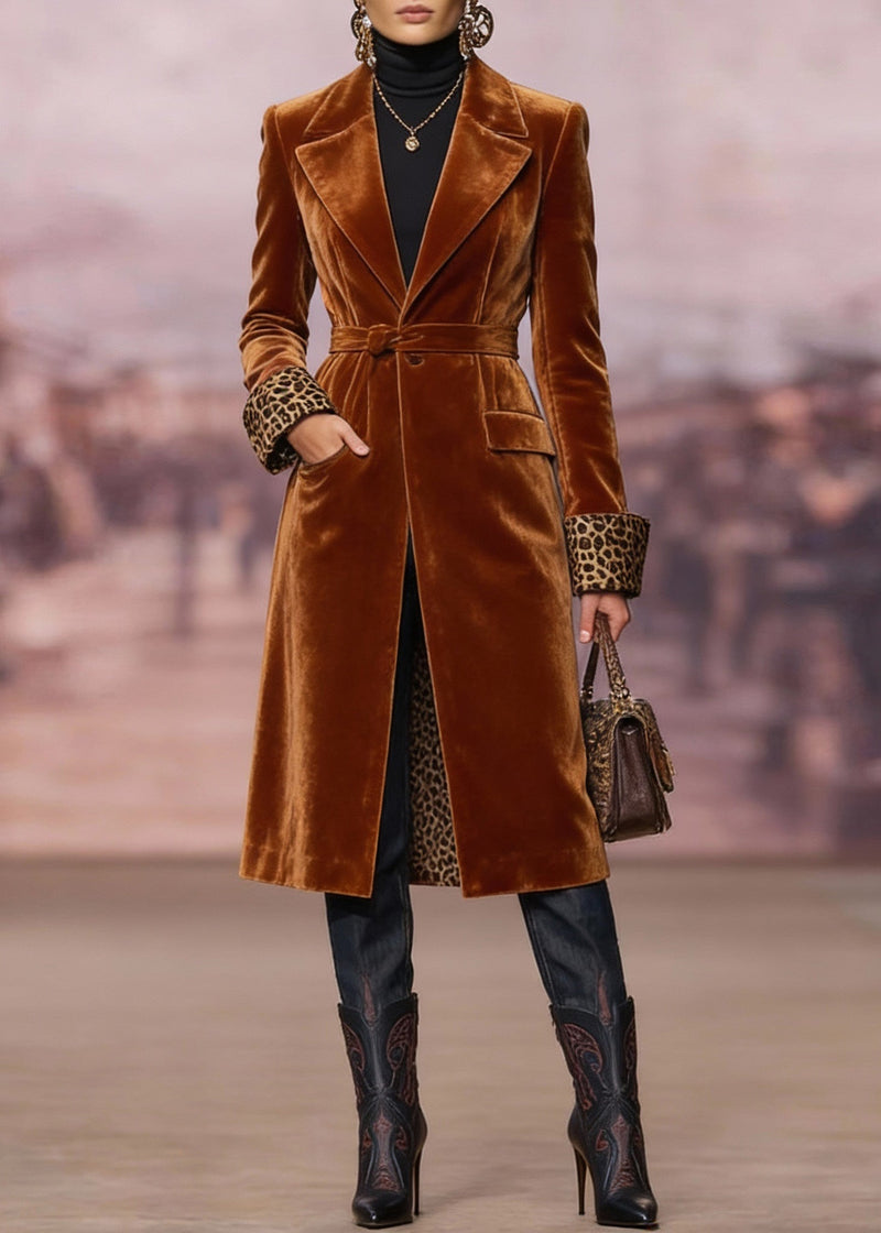 Brown Peter Pan Collar Pockets Velvet Trench Spring