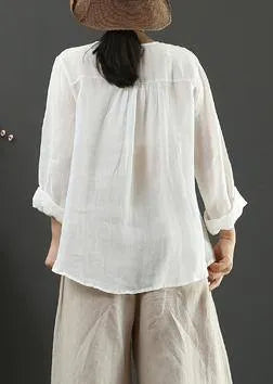 Handmade White Embroidery Shirts V Neck Box Spring Shirts