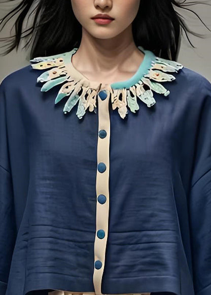 Navy Petal Neck Button Patchwork Cotton Short Coat Bracelet Sleeve