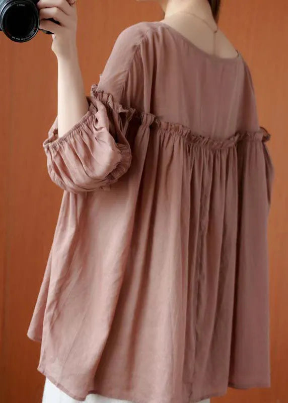French Pink V Neck Patchwork Fall Three Quarter Sleeve Shirt Top