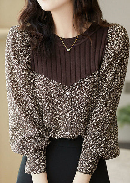 Brown O-neck Print Patchwork Button Knit Shirt Long Sleeve