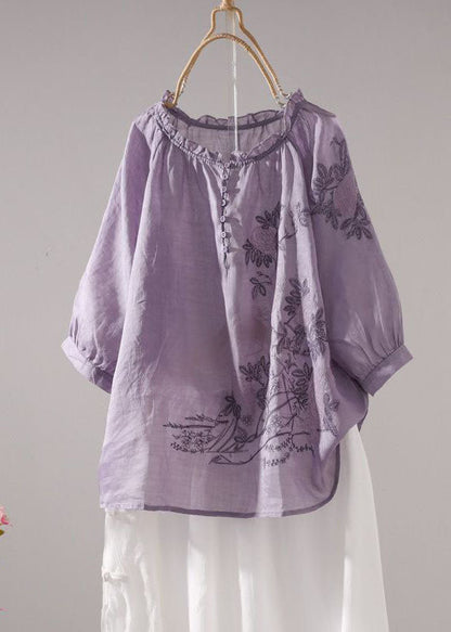 Purple Embroideried Patchwork Linen T Shirt Top Summer