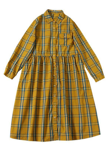 Yellow Green Plaid Pockets Buttontie Waist Fall Wrinkled Maxi Dress Long Sleeve