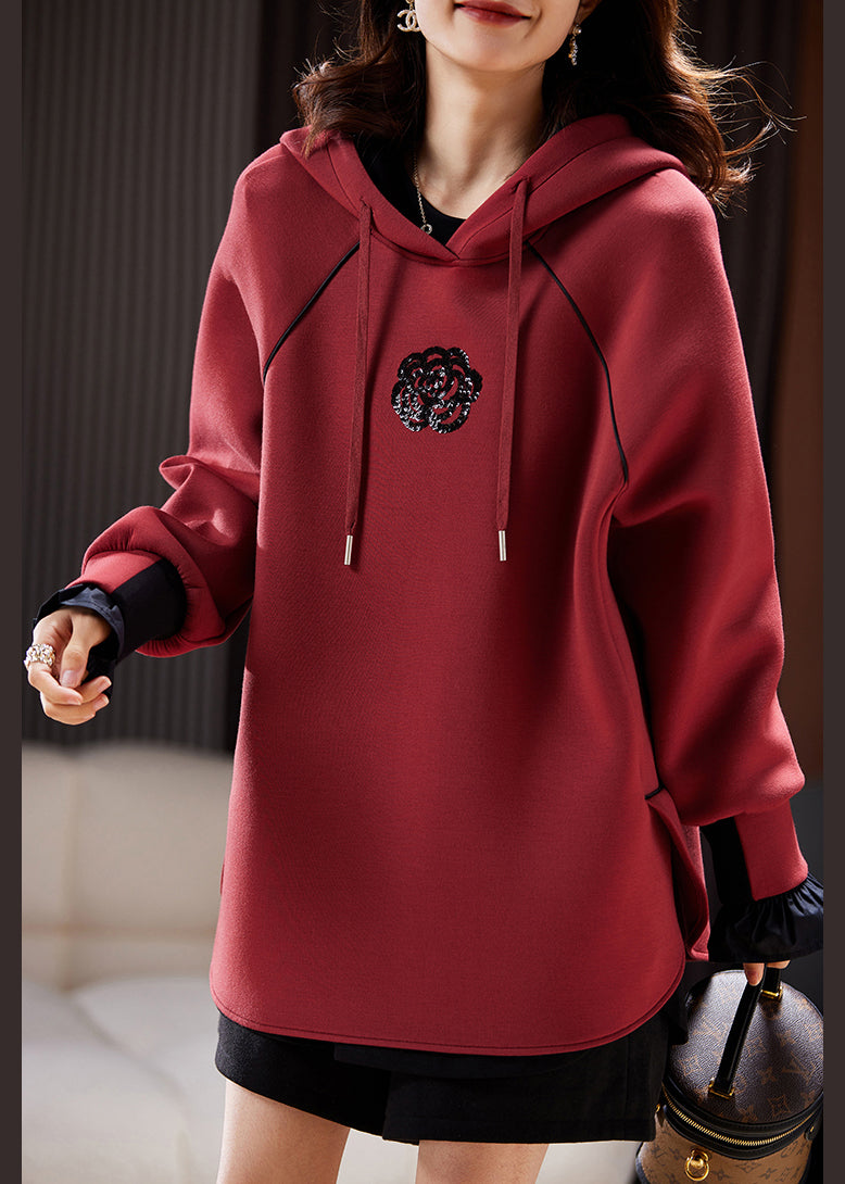 Wine Red Hooded Sequins Patchwork Cotton Sweatshirt Spring