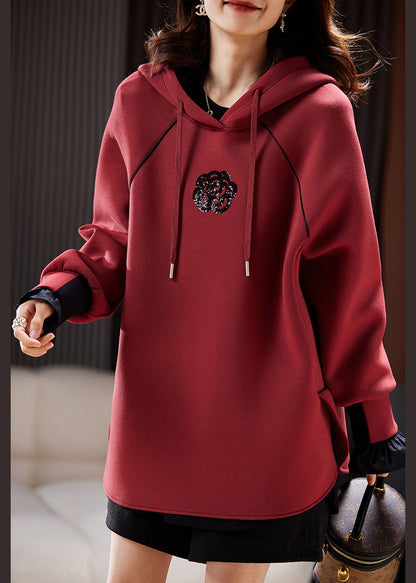 Wine Red Hooded Sequins Patchwork Cotton Sweatshirt Spring