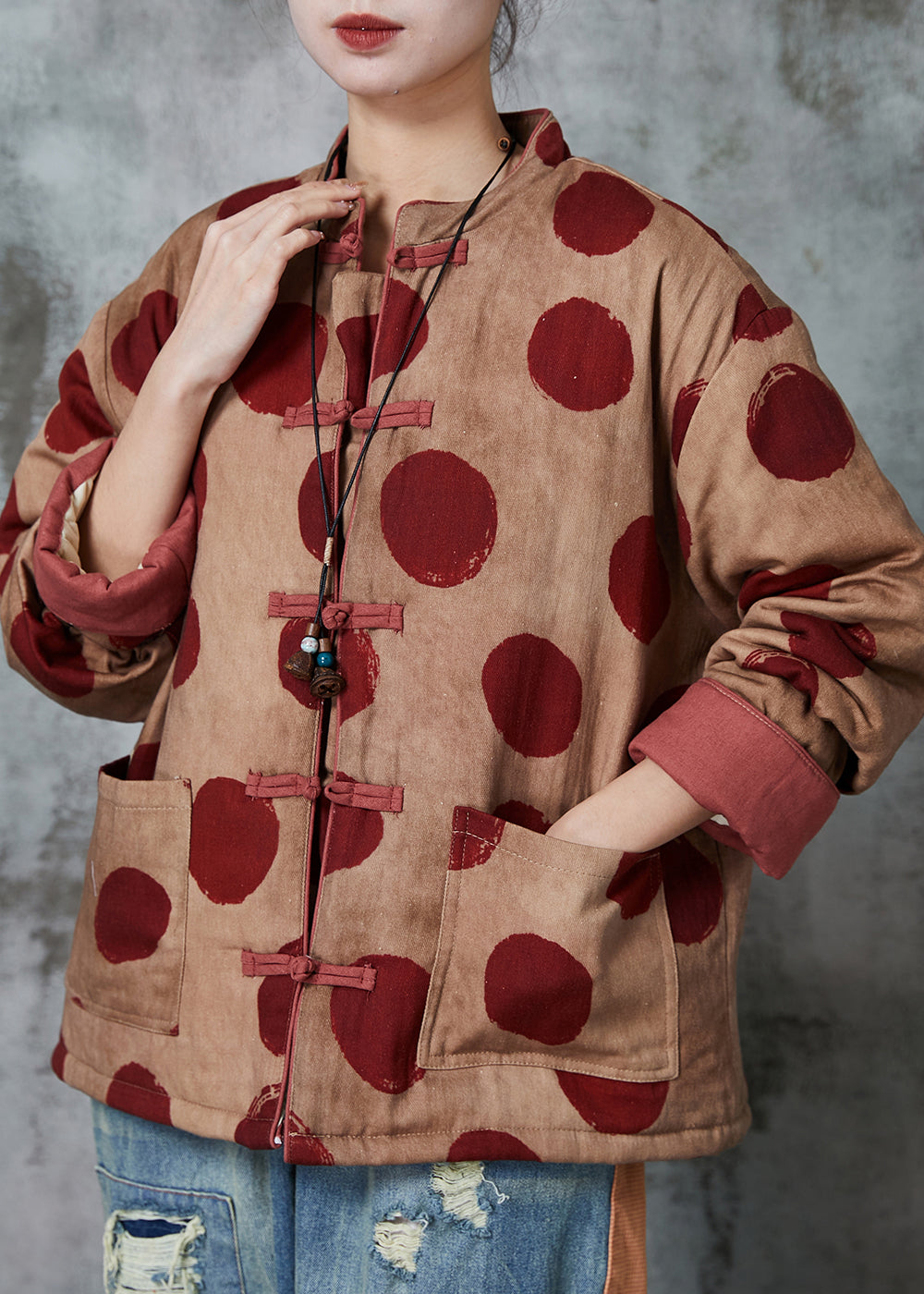 Orange Print Chinese Button Fine Cotton Filled Coat Winter