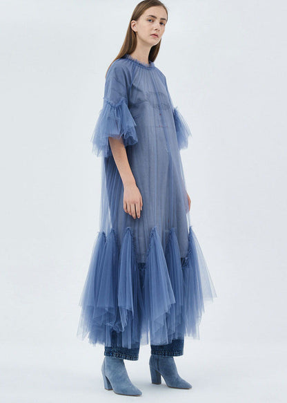Blue O-neck Patchwork Tulle Maxi Dresses Half Sleeve Summer