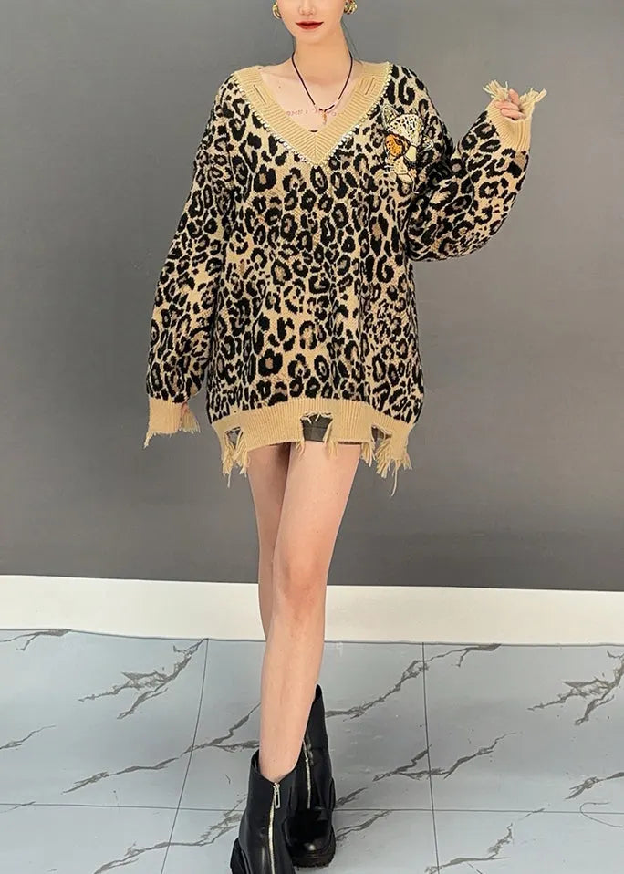 Leopard V Neck Thick Print Hollow Out Cotton Knit Sweaters Winter