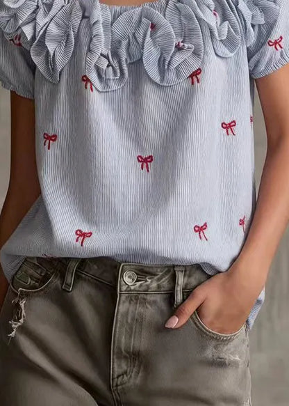 Boutique Blue Cold Shoulder Butterfly Cotton Tops Summer
