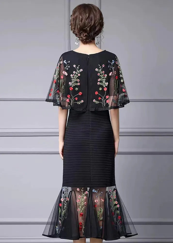 Fine Black Cape Style Dresses Multicolor Embroidered Summer