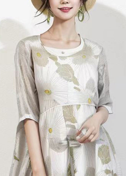 French Apricot O-neck Print Silk Long Dress Summer