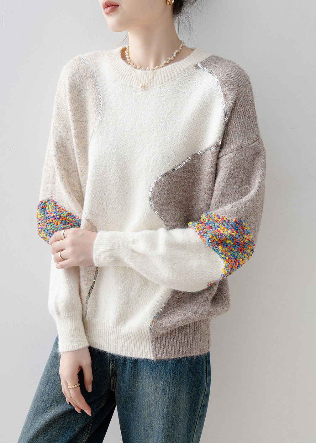 White O Neck Sequins Patchwork Knit Sweaters Spring