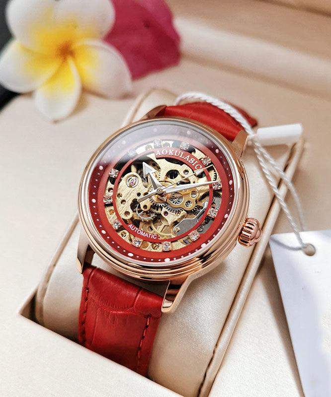 Red Stainless Steel Sapphire Crystal Patchwork Dermis Zircon Hollowed Out Watch
