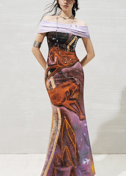 Slim Fit Purple Slash Neck Knit Patchwork Maxi Dresses Summer