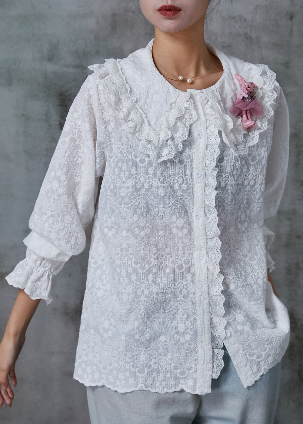 White Double-layer Embroidered Cotton Blouse Top Spring