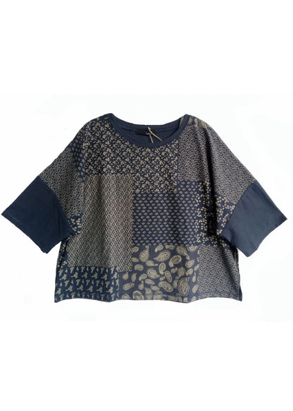 Navy O-neck Patchwork Print Cotton Tanks Half Sleeve