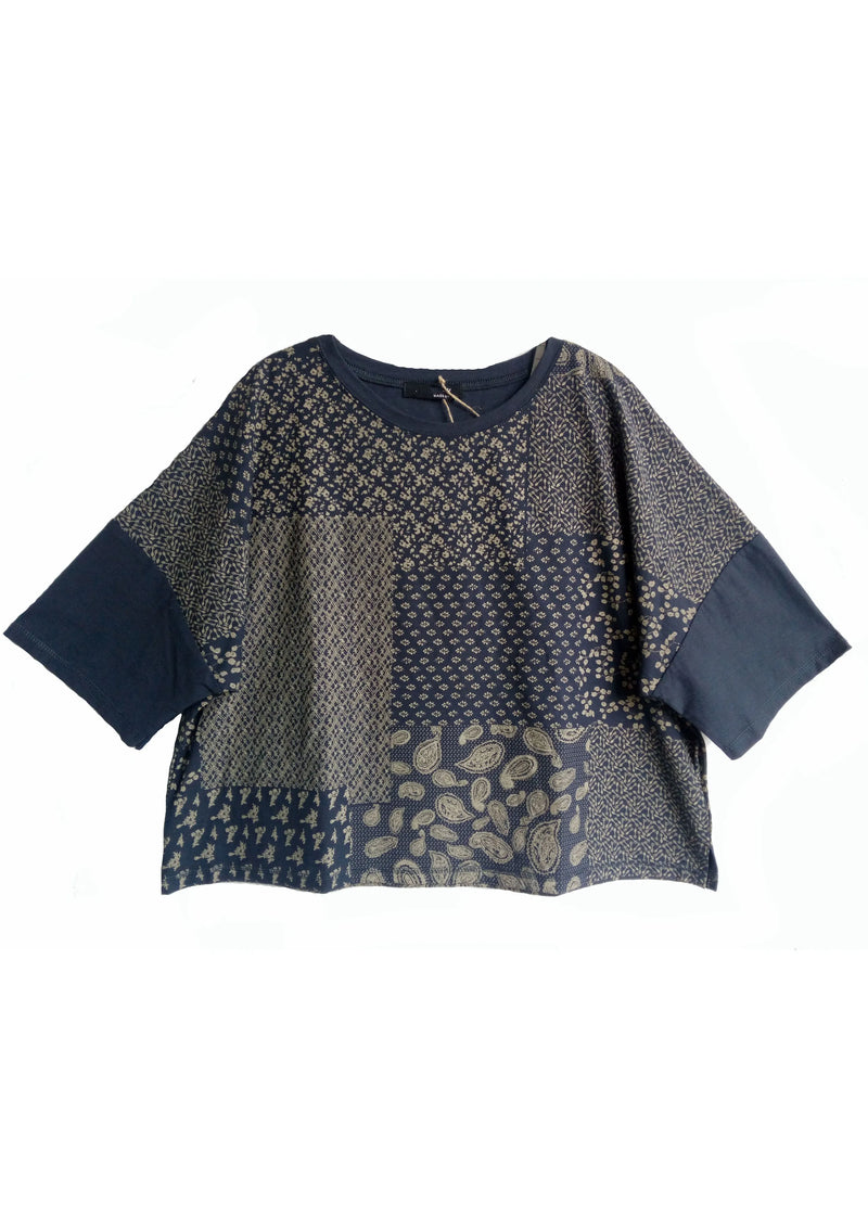 Navy O-neck Patchwork Print Cotton Tanks Half Sleeve