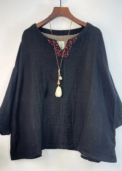 Loose Navy V Neck Patchwork Cotton Top Summer