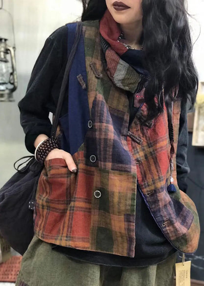 Red Button Plaid Patchwork Linen Vest Spring