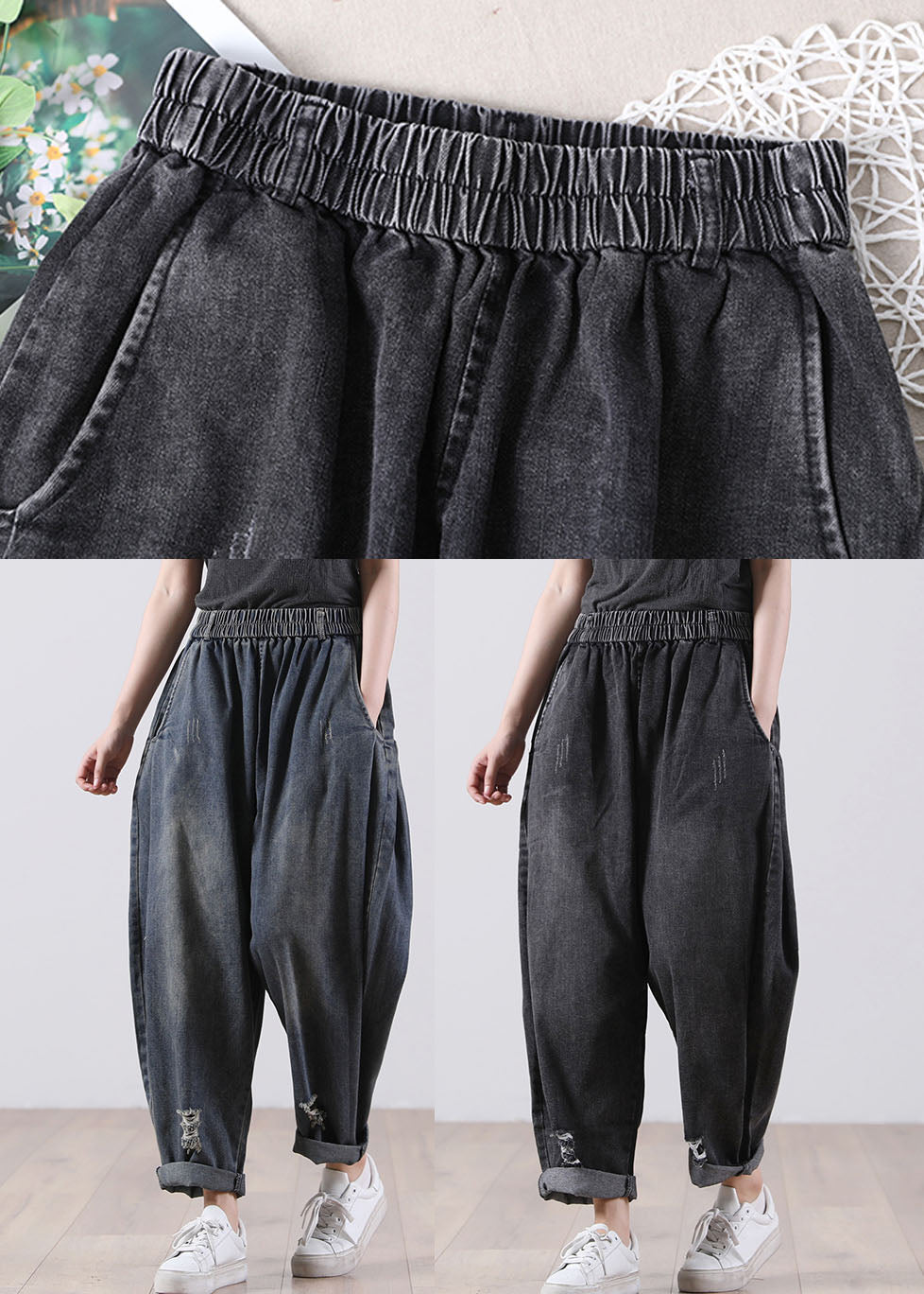 Denim Blue Elastic Waist Pockets Cotton Harem Pants Fall