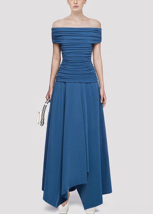 Blue Wrinkled Cotton Knit Summer Long Dresses Slash Neck