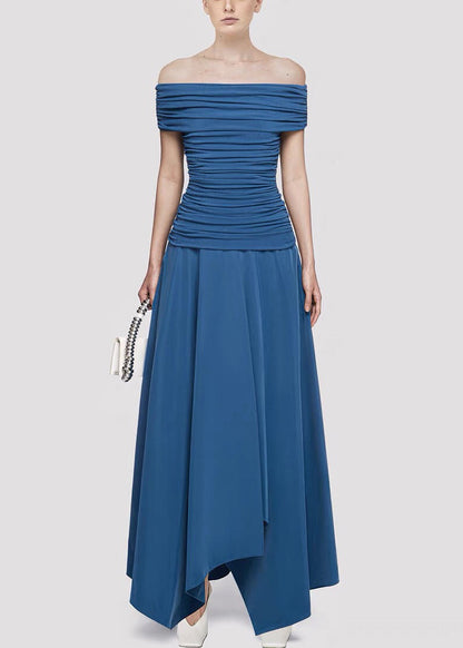 Blue Wrinkled Cotton Knit Summer Long Dresses Slash Neck