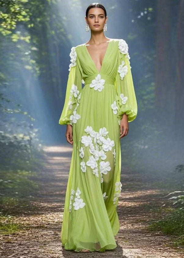 Classy Green V Neck Decorated Chiffon Maxi Dress Spring
