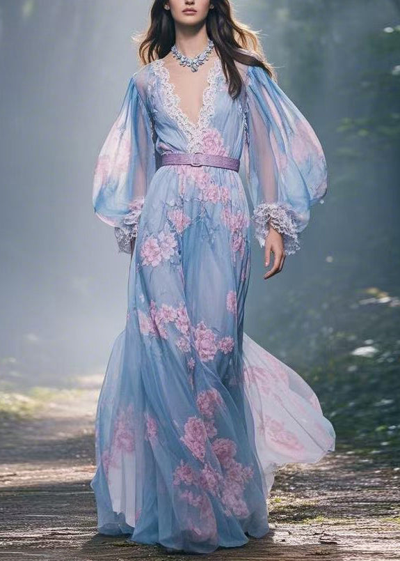 Print V Neck Lace Sashes Patchwork Chiffon Maxi Dresses Spring