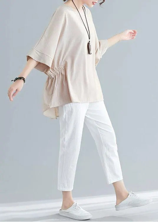 Unique Beige Batwing Sleeve Cotton Summer Shirt Tops