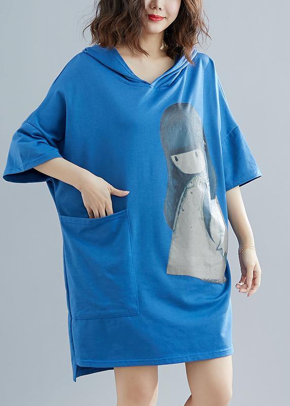 Blue Appliques Cotton Hooded Summer Party Dress