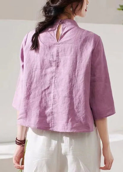 Purple Stand Collar Embroideried Button Linen Shirt Long Sleeve