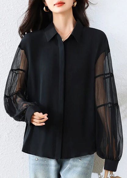 French Black Peter Pan Collar Patchwork Tulle Chiffon Tops Fall