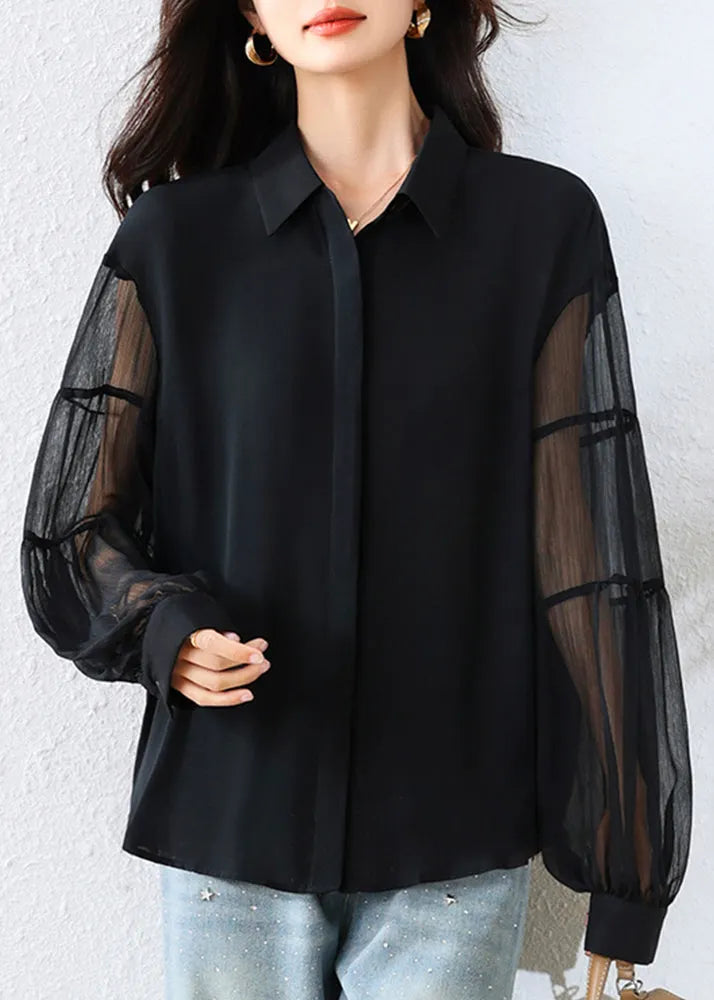 French Black Peter Pan Collar Patchwork Tulle Chiffon Tops Fall