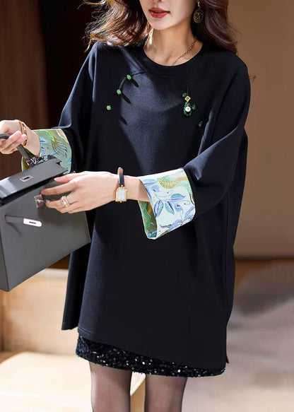Loose Navy O Neck Patchwork Cotton T Shirts Fall